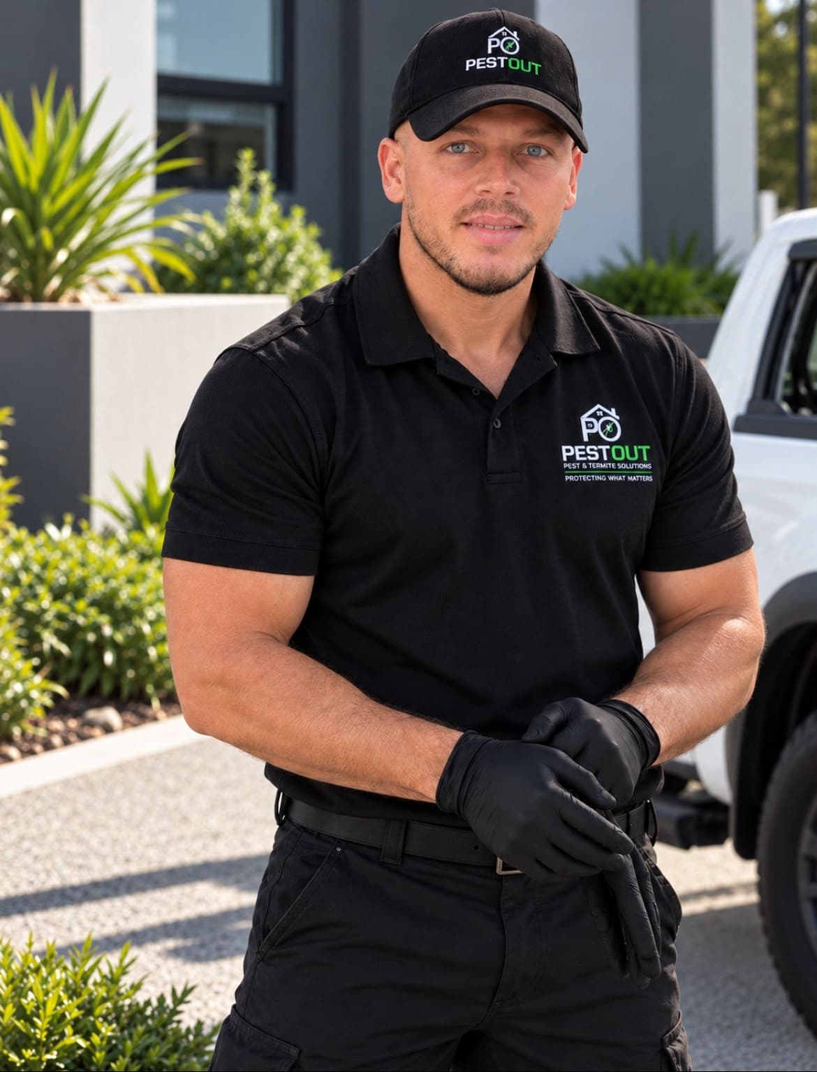 Oualid, the Pest Out technician, in branded uniform outside a Sydney home
