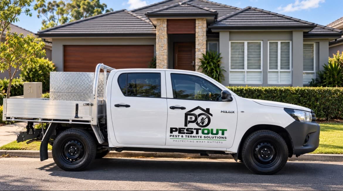 Pest Out branded service ute parked outside a modern Sydney home, technician preparing equipment