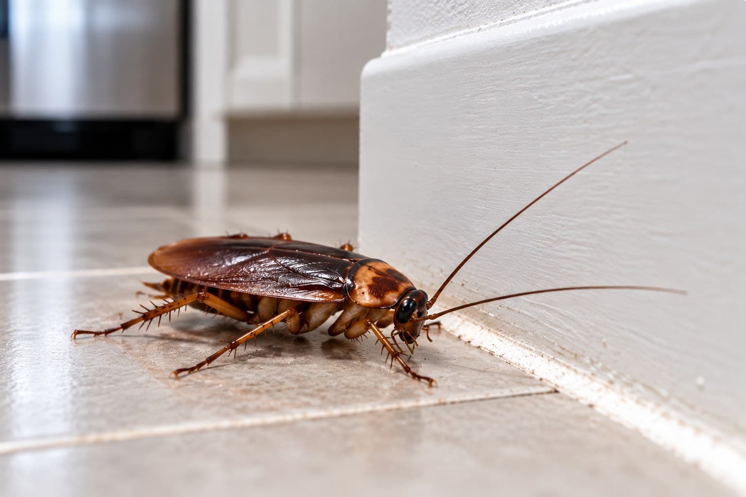 Close-up photograph of a large dark reddish-brown cockroach on a kitchen floor