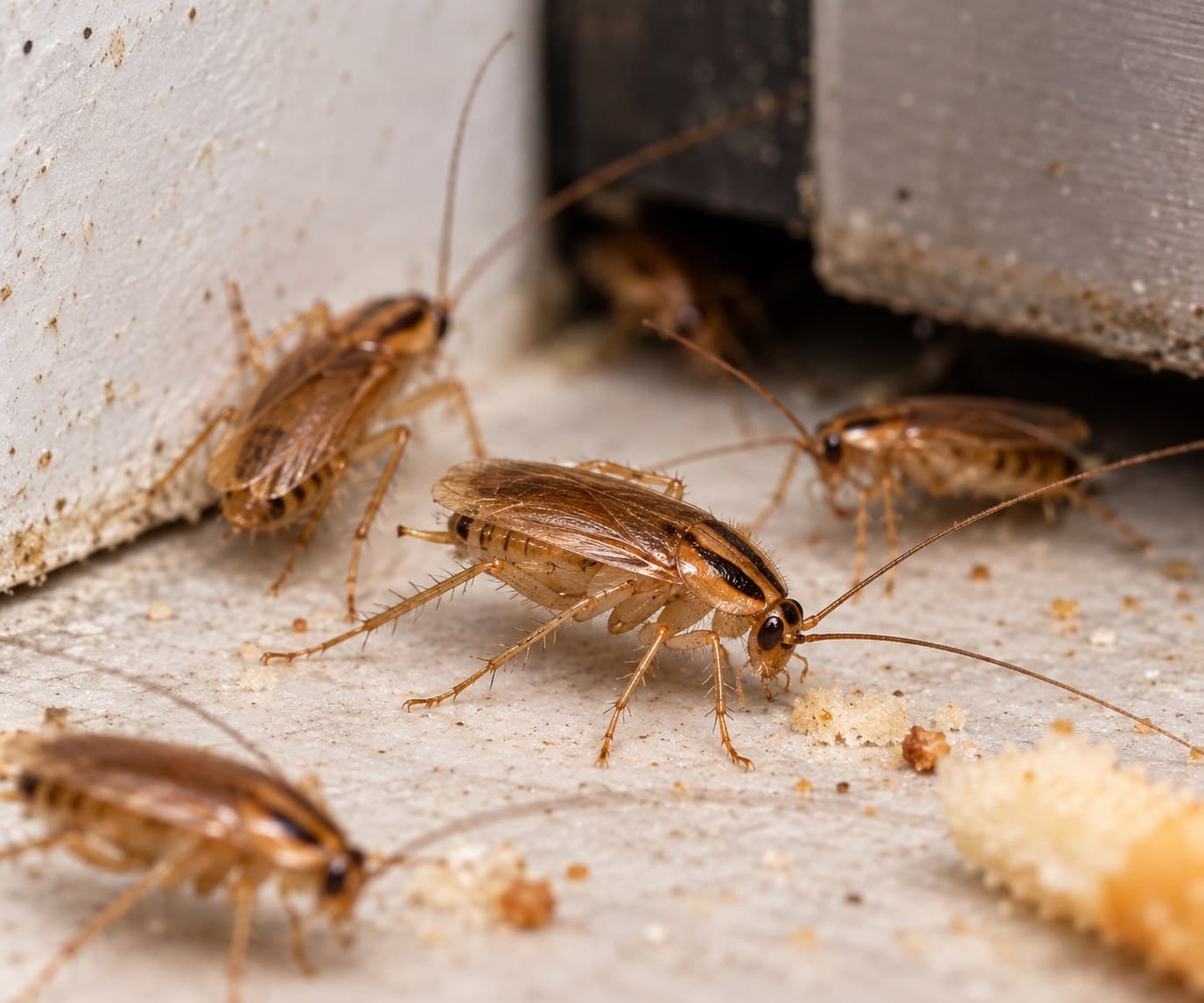 Close-up photograph of German cockroaches near a doorframe, showing the characteristic dark parallel stripes behind the head