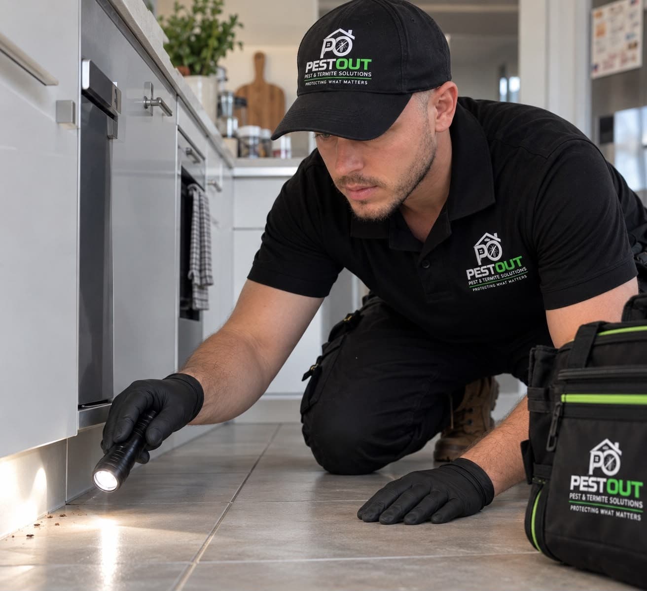 Pest Out technician inspecting under a kitchen cabinet with a torch
